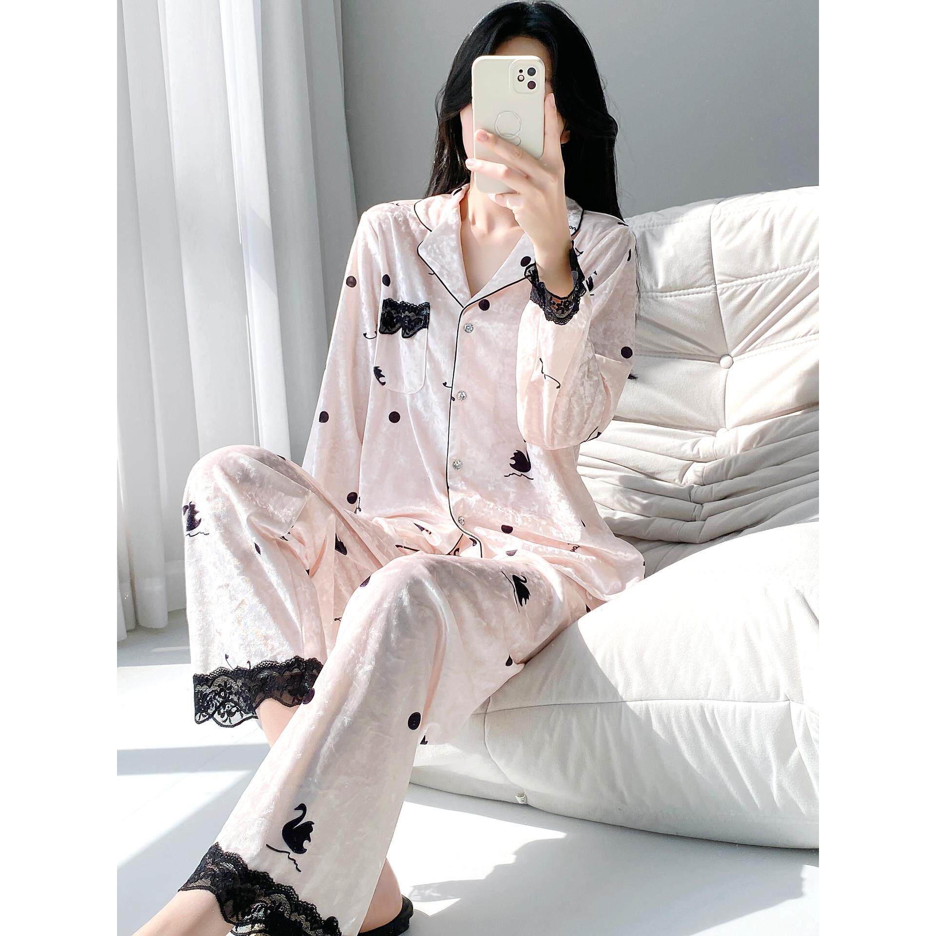 维多利亚金丝绒黑天鹅睡衣女秋冬季蕾丝波点金钻绒长袖长裤家居服