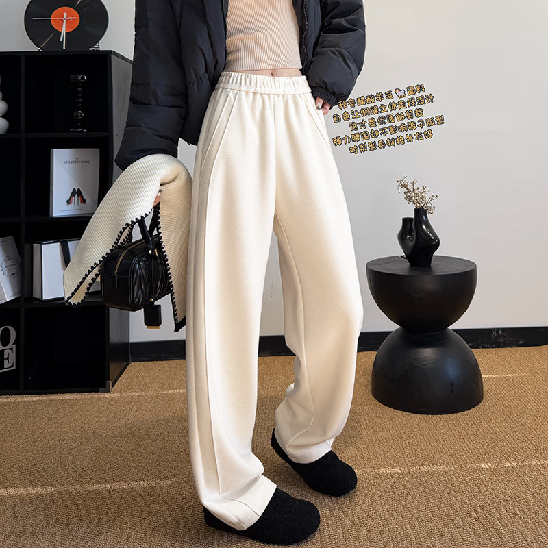白色羊毛呢阔腿裤子女秋冬加绒加厚弯刀裤高腰蚕丝垂感软糯直筒裤,女装/女士精品,休闲裤,淘宝优惠券,粉丝福利购,淘宝优惠卷