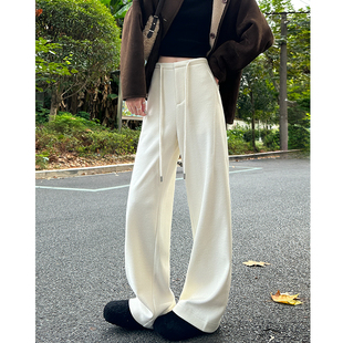 米白色醋酸羊毛阔腿裤 女秋冬加厚高腰显瘦加绒直筒拖地休闲糯米裤