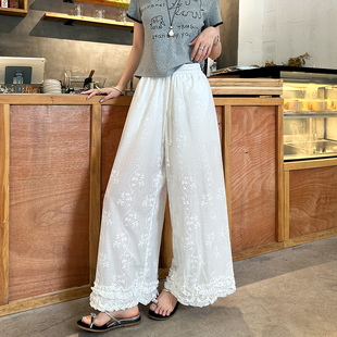 白色棉裤子木耳边花苞夏季新款蕾丝提花镂空钩花九分直筒阔腿裤女