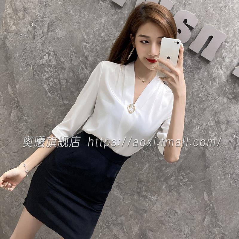名媛气质工作服女夏套装前台接待夏中袖v领衬衫套裙高端醋酸缎面