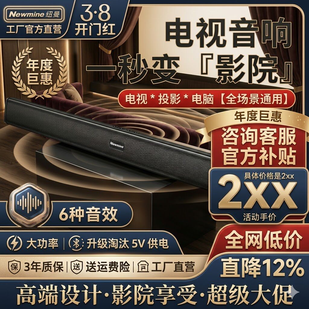 纽曼G-509回音壁音响电视蓝牙家用客厅条形音箱投影仪小米通用