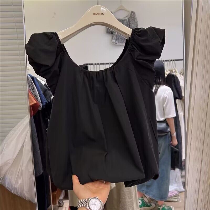 2025年新款韩版飞飞袖褶皱圆领设计感小衫女小个子上衣超好看