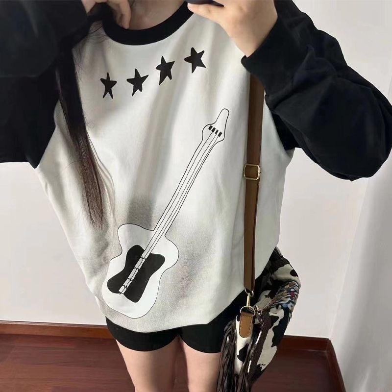 国潮秋季新款吉他黑白插肩印花长袖宽松圆领卫衣女嘻哈拼接上衣潮
