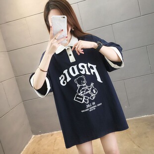 2026夏季新款韩版短袖t恤女学生卡通撞色翻领上衣中长款女装潮女