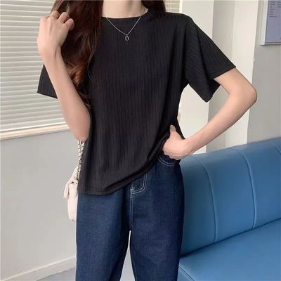 t恤女短袖夏装2025新款百搭宽松冰丝打底针织衫宽松显瘦圆领休闲