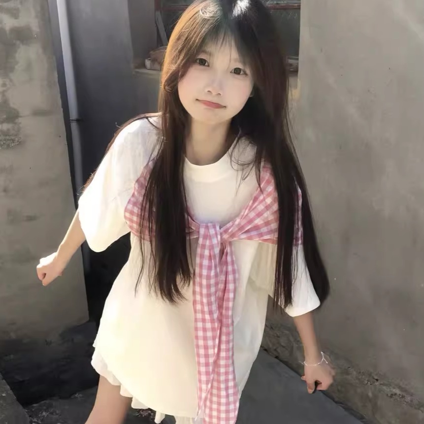 格子披肩美式复古学院风短袖t恤女超火学生上衣服休闲百搭潮流款