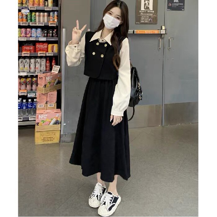 春装连衣裙女装假两件长袖学院风气质女神范小个子设计感中长裙子