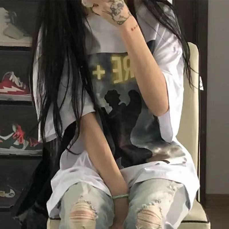 短袖T恤女夏季2025新款韩版宽松天使印花学生百搭上衣服休闲百搭