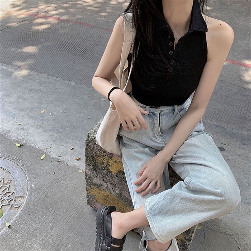 夏季套头露背挂脖翻领紧身短款网红ins潮港风吊带背心女款夏上衣