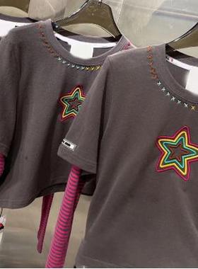 韩版2021新款深灰色春秋季星星印花假两件套长袖上衣T恤衫女