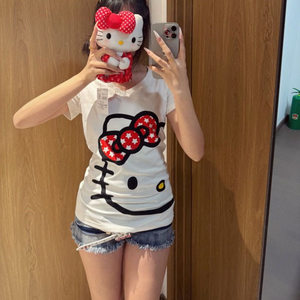 小众HelloKtty纯欲印花V领白色短袖T恤夏季修身显瘦收腰上衣女潮