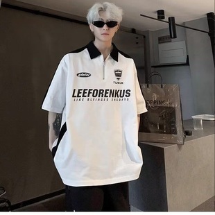 半拉链POLO衫 情侣超大码 美式 短袖 上衣 夏季 潮牌拼接简约撞色短袖