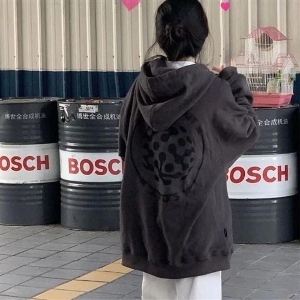 薄款/加绒深灰色连帽卫衣女2024秋冬新款宽松学生ins潮牌复古外套
