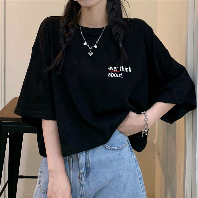 韩版ins短袖T恤女原宿风学生春夏季新款黑色运动服显瘦通勤上衣潮