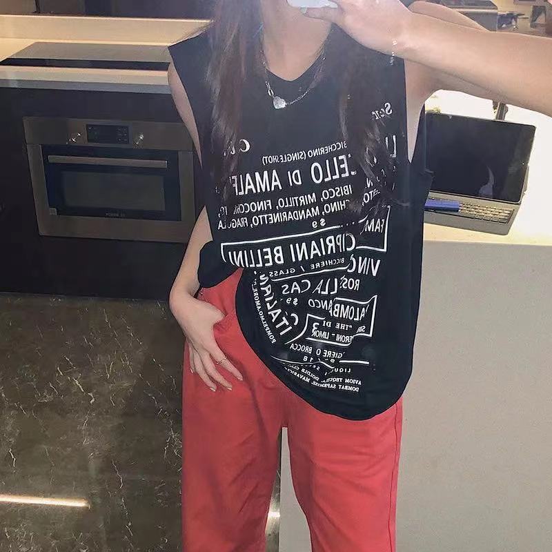 背心女中长款设计感小众坎肩夏季宽松慵懒风美式复古无袖T恤上衣