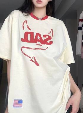 大码国潮2026夏季立体翅膀小恶魔圆领t恤女宽松短袖高街情侣上衣
