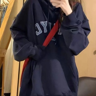 国潮牌藏青色连帽美式 oversize学生休闲上衣 bm卫衣女春秋冬新款