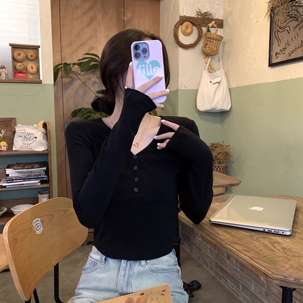 打底衫洋气小个子短款百搭上衣秋冬季v领修身正肩内搭t恤女长袖