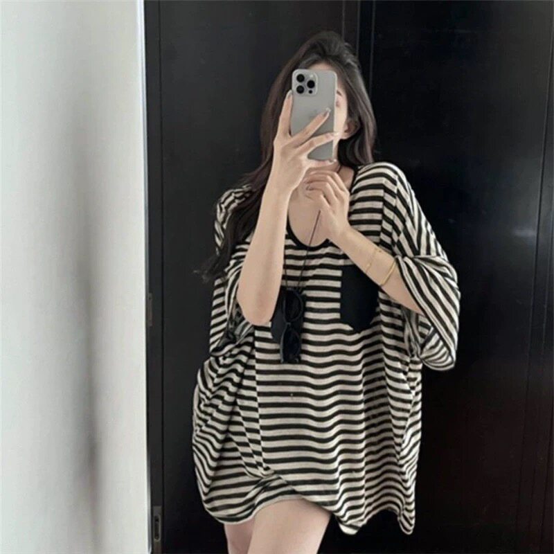 撞色黑白条纹v领短袖中长款t恤女夏季显瘦休闲慵懒风宽松弛感上衣