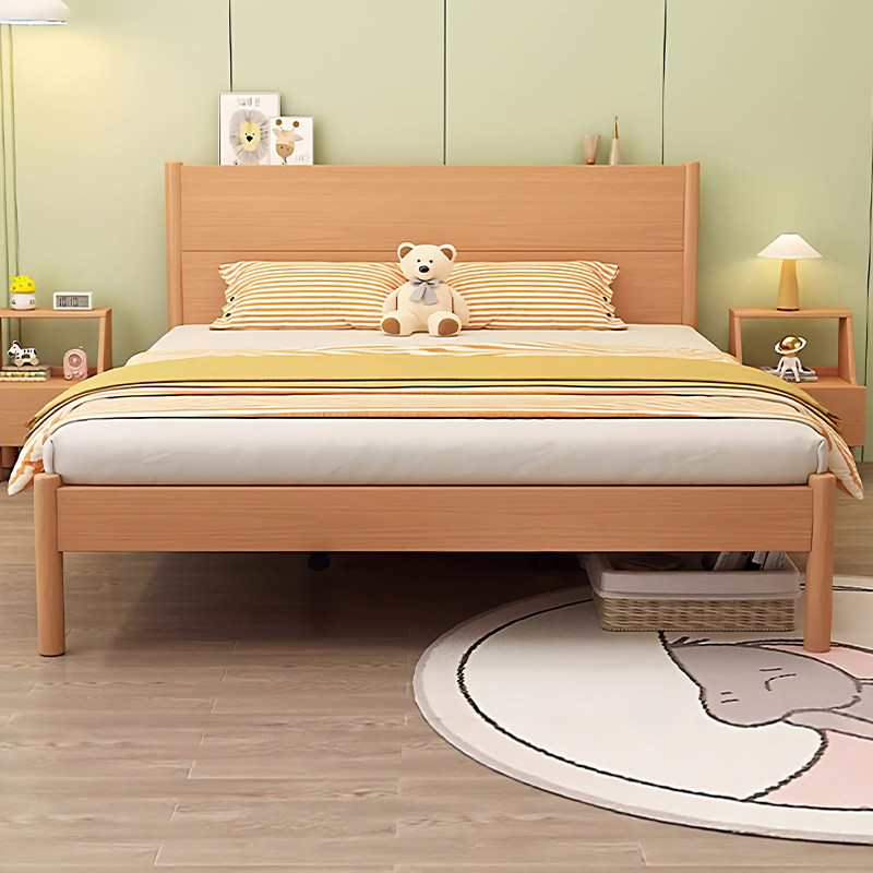 榉木全实木床北欧日式双人床1.5米现代简约小户型成人儿童单人床