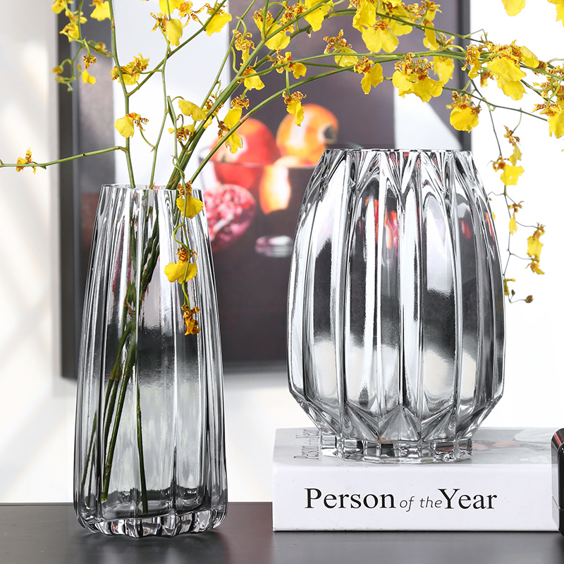 轻奢北欧竖条纹玻璃花瓶透明客厅花器家居装饰插百合花瓶摆设简约