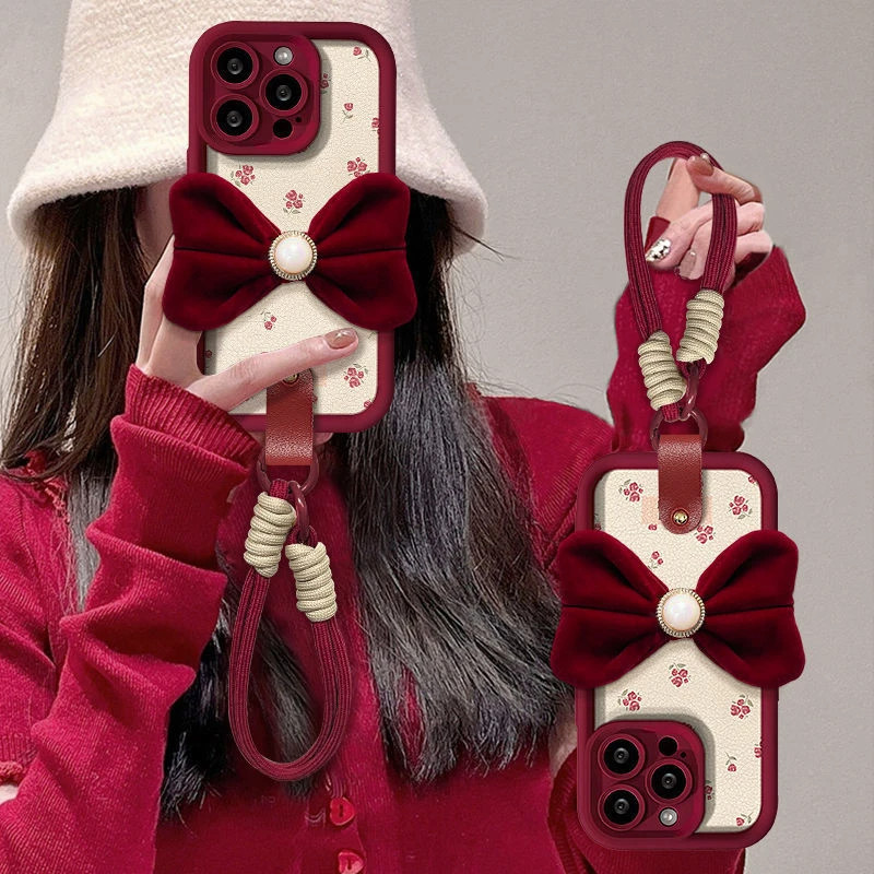 新年款酒红色适用苹果16promax手机壳iPhone15/14带丝绒蝴蝶结公仔oppo华为荣耀300带挂绳vivo小米少女防摔壳,3C数码配件,手机保护套/壳,淘宝优惠券,粉丝福利购,淘宝优惠卷