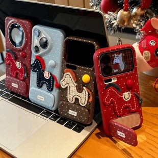 2026新款时尚马年白波点刺绣马适用苹果17pro手机壳air喜庆红色iphone16promax皮质防摔保护套15/14/13卡通女