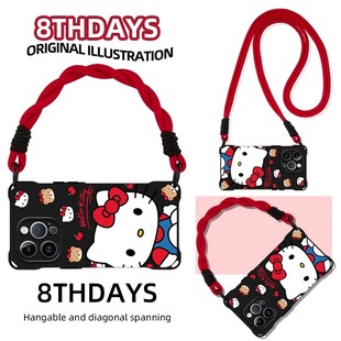 黑红斜跨包包长绳可爱KT猫适用苹果17promax手机壳iPhone16四角挂绳防丢手绳15/14oppo华为荣耀小米vivo防摔