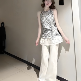 夏季 小个子甜美风百搭一整套修身 格纹蕾丝拼接挂脖连衣裙＋牛仔裤