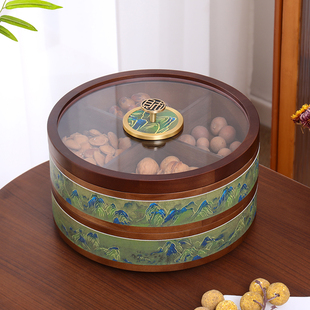 高档实木干果盒新中式桌面四宫格坚果零食收纳盒子收纳盖子可旋转