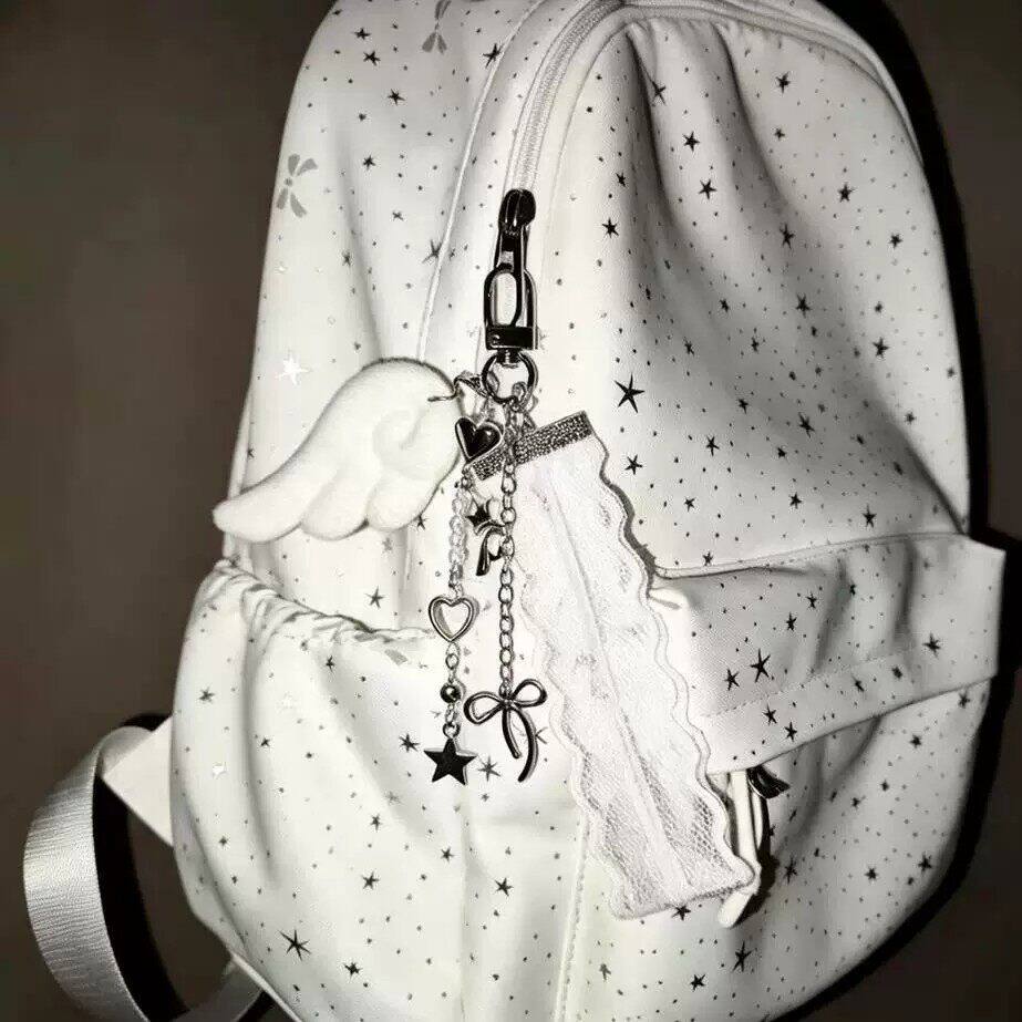 Y2K甜酷风天使翅膀包挂白色长款蕾丝带钥匙挂件爱心小众书包挂饰