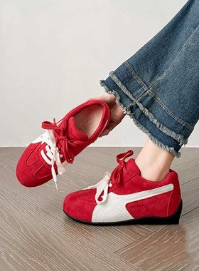 小个子内增高红色阿甘鞋女2025春季新款休闲鞋百搭系带真皮德训鞋