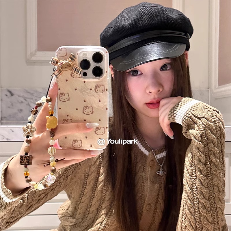 适用16pro苹果ins韩系少女波点格纹立体猫咪挂链1516ProMax手机壳iPhone16全包12软14Promax保护套13