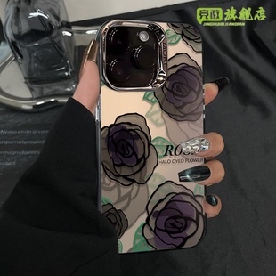 晕染rose玫瑰适用苹果17promax手机壳16女iphone15电镀圈彩银气质14小众防摔13新款12全包xs高级xr保护套11