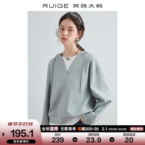 芮鸽大码女装假两件连帽卫衣女新款胖mm小个子慵懒风上衣宽松显瘦