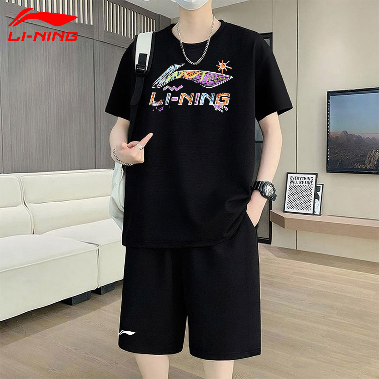 李宁黑色运动套装男夏季新款速干短裤短袖棉质大码青少年学生套装
