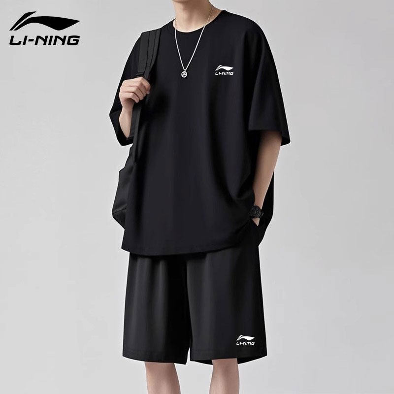 李宁运动服套装男夏季薄款青少年速干冰丝短袖短裤透气跑步两件套