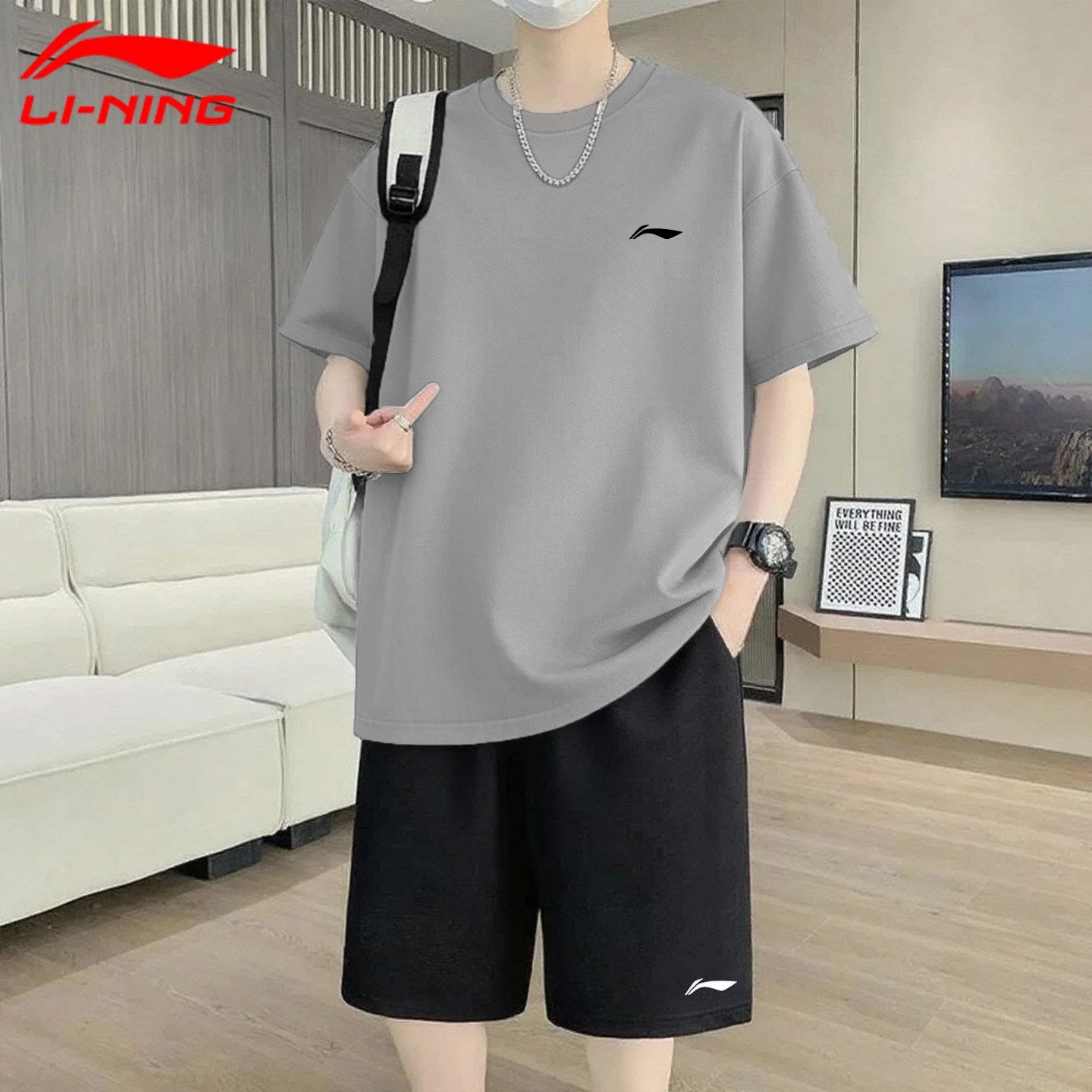 李宁运动套装男夏季新款短裤速干冰丝短袖上衣初三体考跑步运动服
