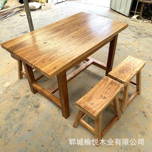 桌子全实木饭饭桌老榆木子餐椅桌组合餐厅店桌椅餐桌火锅酒桌店