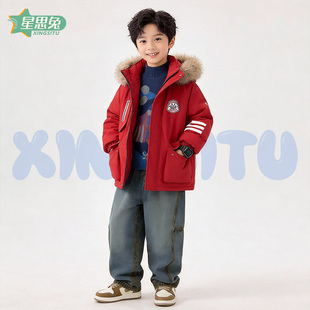 男童冬装三件套新年红毛领派克服渐变毛衣做旧牛仔裤儿童保暖套装