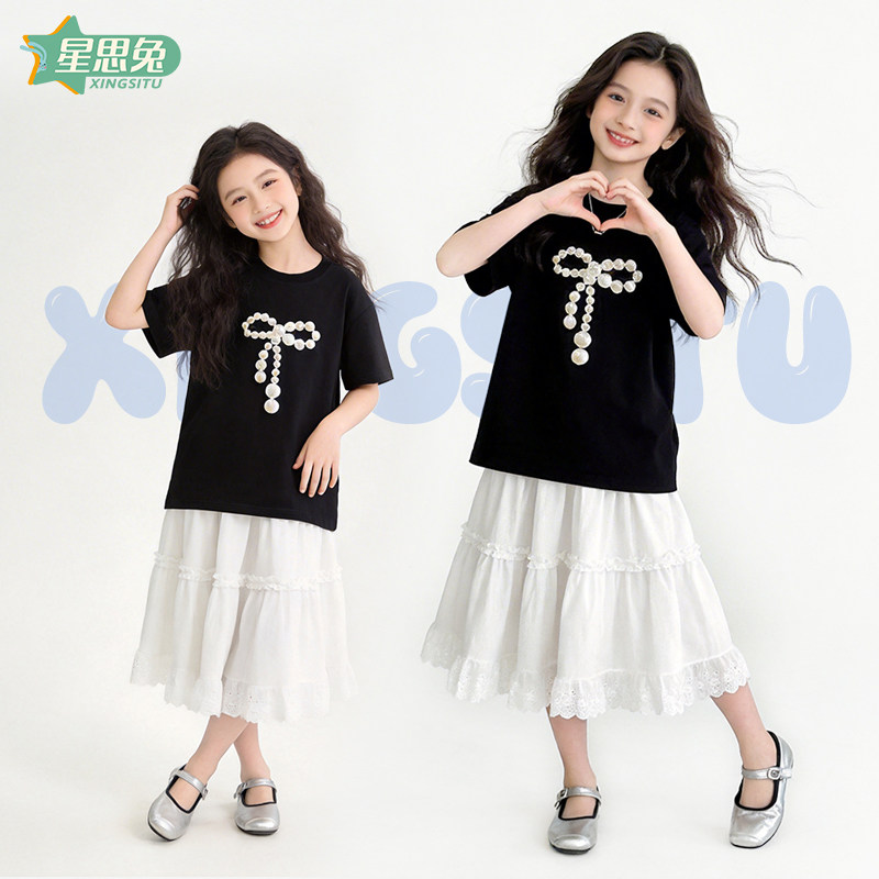 珍珠蝴蝶结印花上衣搭配女童白色半身儿童裙子