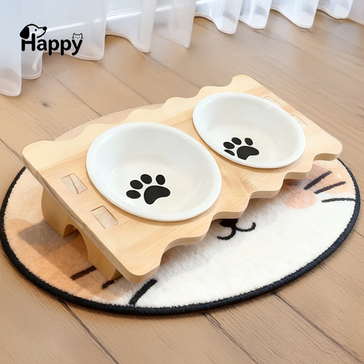 猫碗狗碗陶瓷双碗实木斜口防打翻护颈碗饮水碗幼猫成年猫盆小型犬