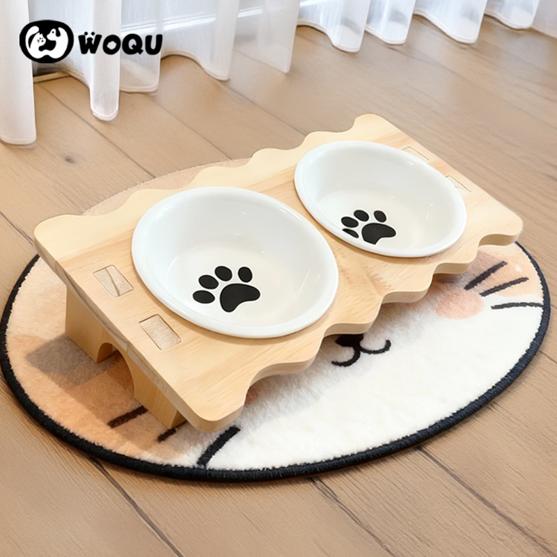 猫碗狗碗陶瓷双碗实木斜口防打翻