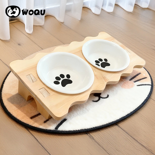 猫碗狗碗陶瓷双碗实木斜口防打翻护颈碗饮水碗幼猫成年猫盆小型犬