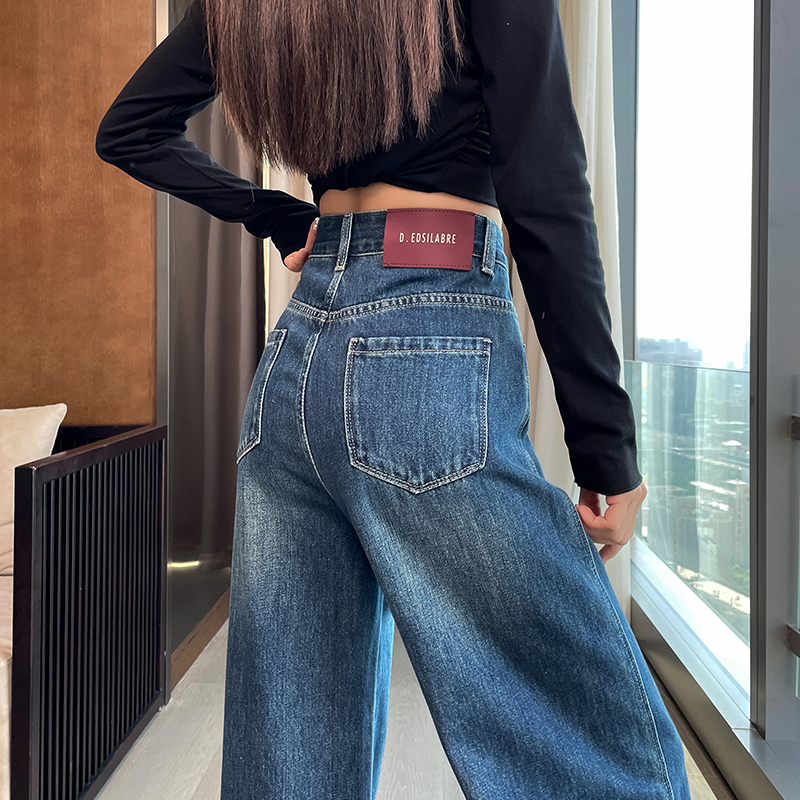 质感蓝抓绒阔腿牛仔裤女秋冬季