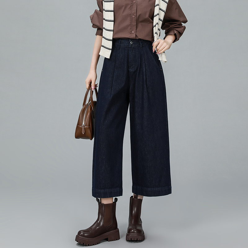 深蓝色七八分阔腿牛仔裤女春季
