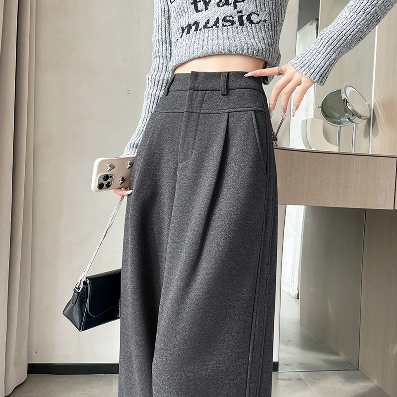 毛呢加绒阔腿西装裤女