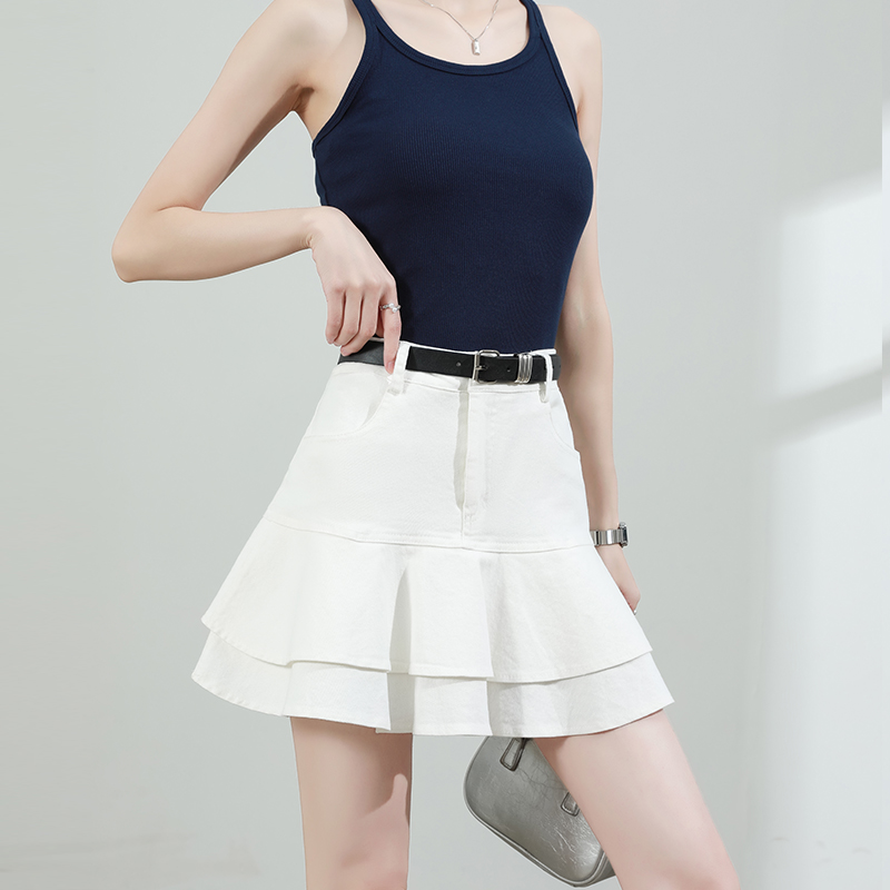 白色牛仔半身裙女夏季2025薄款高腰显瘦防走光a字荷叶边蛋糕短裙