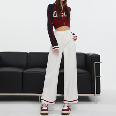 白色加绒阔腿牛仔裤女秋冬新款